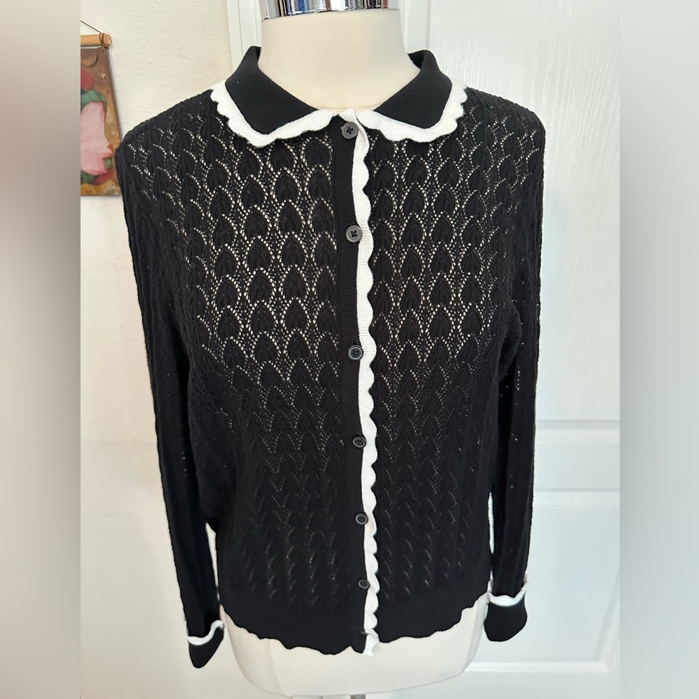 Black and White Scallop-Trim Knit Cardigan Sweater